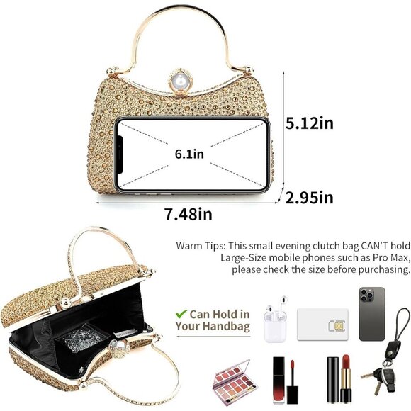 ❤️Handbags for Women Rhinestone Clutch Bag Sparkle Crystal Purses with Chain - Picture 3 of 6
